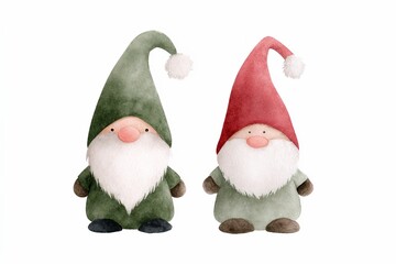 Two Christmas gnomes in watercolor on white