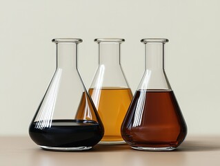 Product photography of three laboratory flasks with black, brown, and transparent liquids in minimalist hyper-realistic style, perspective view for science, cosmetic, or conceptual backgrounds.