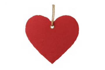 Red heart shaped gift tag with string, expressing love and romance for valentine's day or anniversaries on transparent background