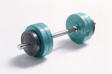 Watercolor illustration of teal dumbbell on white background