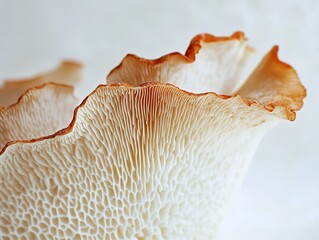 Close-up of oyster mushroom edge highlighting unique texture and color on white background, delicate ridges under soft lighting showcase natural beauty for culinary, health, or nature-themed designs.