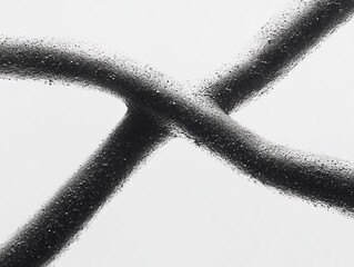 Close-up of two crossed black metallic branches with glass texture and fine dust particles on white background, monochrome hyper-realistic shot for abstract art, conceptual design, or decorative 