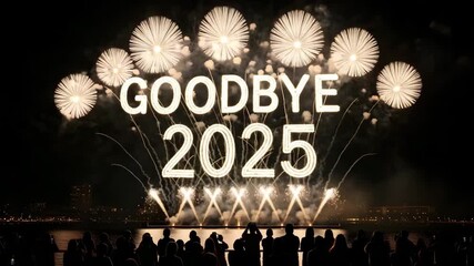 Goodbye fireworks display with crowd celebrating new year 4k video