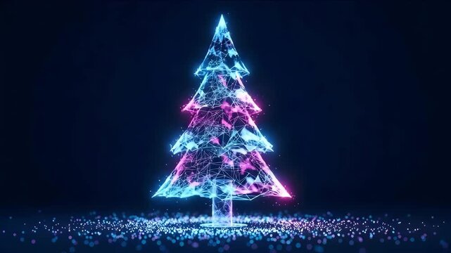 Glowing christmas tree with geometric mesh and dark background 4k video