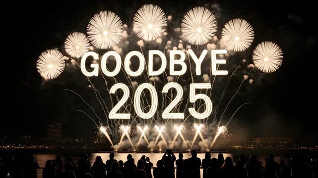 Goodbye fireworks display with crowd celebrating new year 4k video