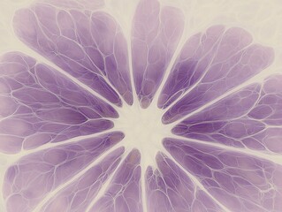 Abstract symmetrical texture of lemon cross-section in white and lilac tones, micrographic details with digital art and paper cutout effect for science illustration or creative design backgrounds.