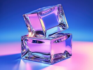 Stack of three transparent crystal cubes with varied hues and reflections against illuminated blue background, showcasing geometric beauty and modern design for technology and product display themes.