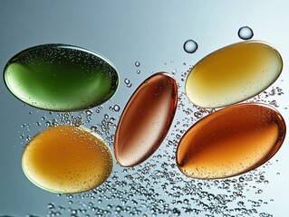 Close-up of floating oval glass petals in green, brown, and yellow hues with surface water droplets against grey background, ideal for advertising, design, or creative projects.