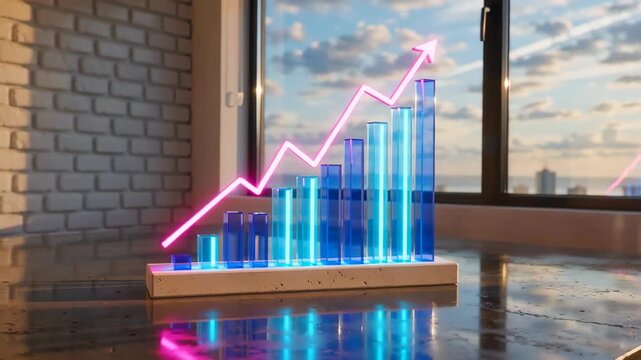 3D bar graph with glowing blue and pink elements depicting growth, set against a bright window backdrop
