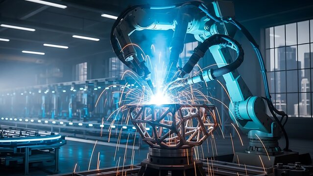 Dynamic robotic arms welding metal framework with sparks flying in modern industrial factory, automation and precision manufacturing technology