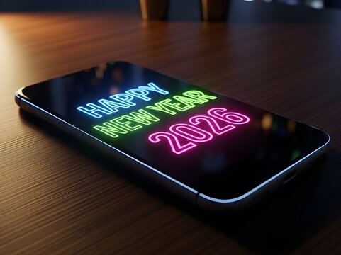 Glow neon happy new year 2026 text illuminated on a smartphone screen in a warm ambient light