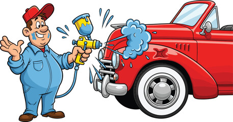 Smiling auto technician painting classic car cartoon illustration, symbolic customization gesture and expressive service artwork for design