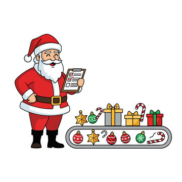 Ilustrasi vektor datar 2D yang hidup: Sinterklas mengawasi pengemasan akhir hadiah Natal dan ornamen di sabuk konveyor, memeriksa daftar periksa perayaan di depan pola tongkat permen yang berulang.