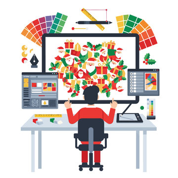 Ilustrasi vektor 2D datar penuh warna menggambarkan seorang desainer profesional yang sedang membuat pola Natal geometris tanpa batas di layar besar di meja kerja kreatif modern yang terang.