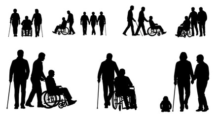 Diverse silhouettes of people assisting and interacting with individuals in wheelchairs and with canes