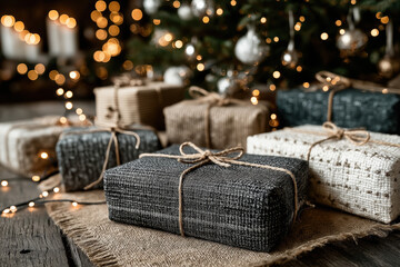 Cadeaux de No&euml;l emball&eacute;s &eacute;cologiquement avec tissu, toile de jute et ficelle devant un sapin illumin&eacute;, concept de f&ecirc;tes durables, DIY et d&eacute;coration rustique chaleureuse