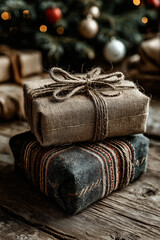 Fototapeta premium Cadeaux de Noël emballés écologiquement avec tissu, toile de jute et ficelle devant un sapin illuminé, concept de fêtes durables, DIY et décoration rustique chaleureuse