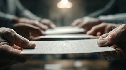 Collaboration in action as hands pass important documents in a team setting