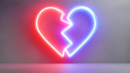 Neon broken heart symbol glowing in red and blue light on a smooth wall surface, conveying emotion, breakup, contrast and modern aesthetic.