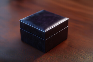 Closed black jewelry box on wooden surface with soft light, symbolizing anticipation, mystery and elegant presentation.