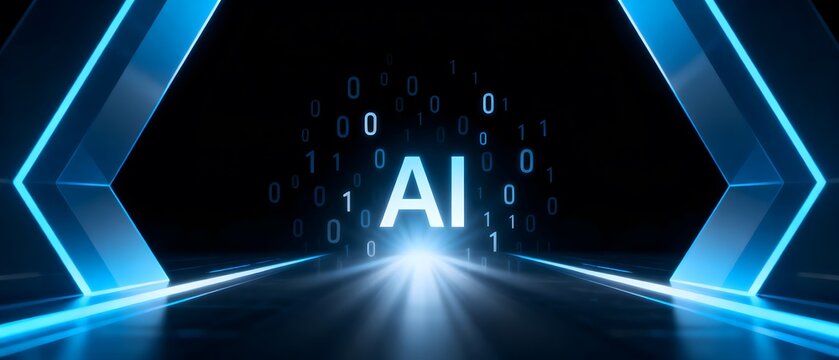 AI glowing in digital tunnel with binary code - Powered by Adobe