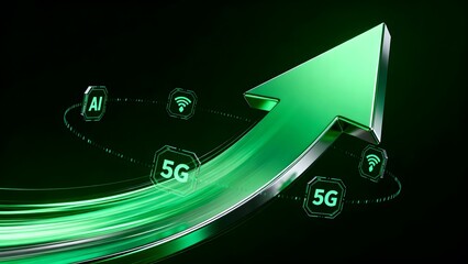 Green arrow with tech icons on dark background