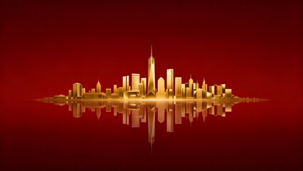 Golden city skyline against red background