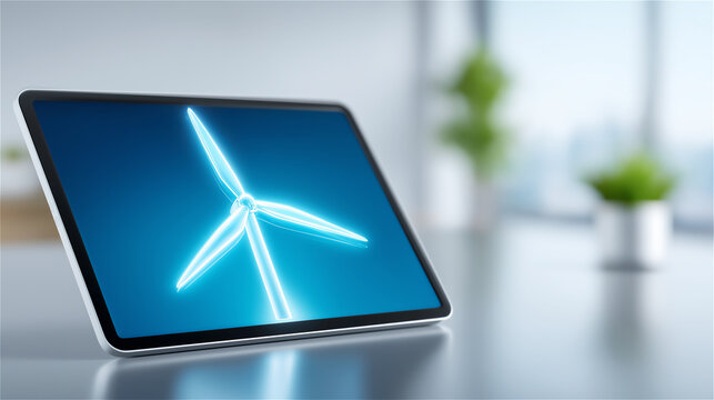 Digital tablet on desk displaying a glowing wind turbine icon, representing clean energy, innovation, renewable power, green technology and modern sustainable solutions. - Powered by Adobe