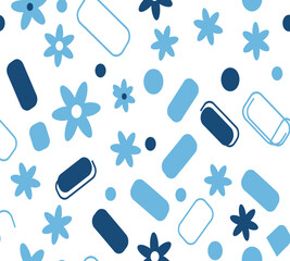 Blue floral and geometric shapes seamless abstract pattern art