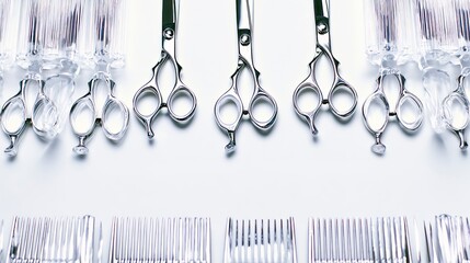 Closeup view of professional hairdressing scissors and combs on a white surface