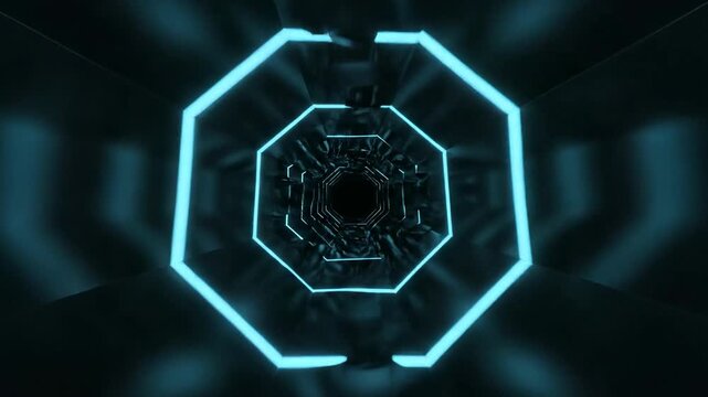 Seamless looping motion graphic visualization through a futuristic black geometric tunnel receding infinitely into the dark void digital, structure, cyberspace
