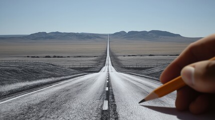 Naklejka premium Giant pencil drawing realistic road into horizon, blending creativity with reality, open landscape, mountains in distance, imaginative and surreal concept