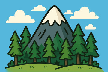 Obraz premium vector illustration of a cartoon mountain trees clouds