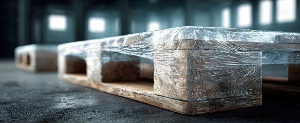 The warehouse pallet snugly covered with transparent shrink wrap film