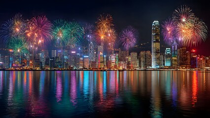 Spectacular colorful fireworks exploding over the vibrant Hong Kong skyline and Victoria Harbour at night, celebrating New Year's Eve or major national holiday, with stunning city lights reflection.
