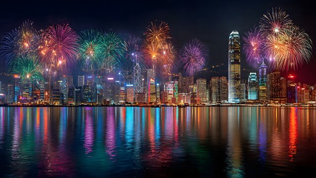 Spectacular colorful fireworks exploding over the vibrant Hong Kong skyline and Victoria Harbour at night, celebrating New Year's Eve or major national holiday, with stunning city lights reflection. - Powered by Adobe
