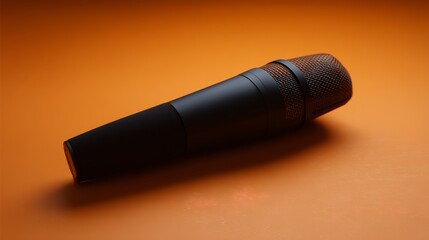 A classic black microphone with a gold mesh detail lies on an orange surface