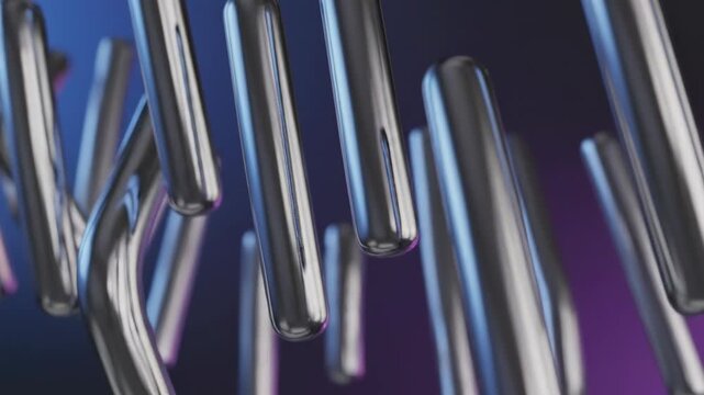 Seamlessly looping abstract motion background featuring smooth metallic bars reflecting soft changing blue and purple gradient light abstract, smooth, template