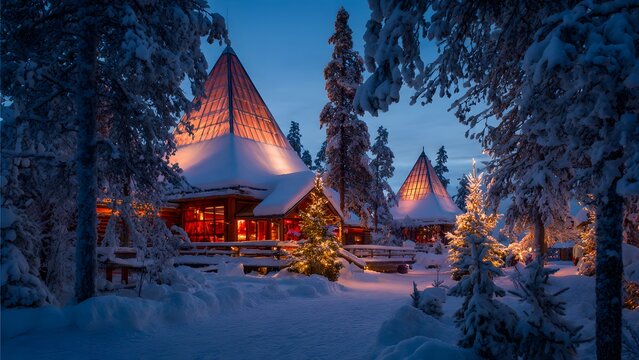 Magical Christmas Lodge in Arctic Lapland at Blue Hour. Cozy illuminated wooden building surrounded by heavy snow, fir trees, and festive winter wonderland setting.