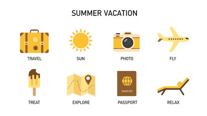 Eight icons related to summer vacation activities in two rows on a white background