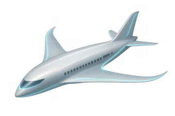 Futuristic airplane flying with glowing blue lines, representing advanced aviation technology and sustainable air travel