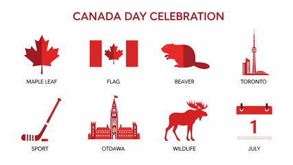 Eight red icons illustrating Canada Day themes on a white background © Agung