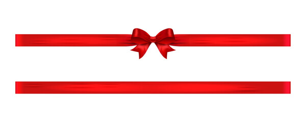 Red ribbon bow with lower ribbon band, glossy vector divider for certificates, gift packaging, greeting layouts and holiday decoration