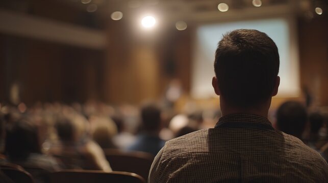 Man with short dark hair listens from behind in a crowded conference hall