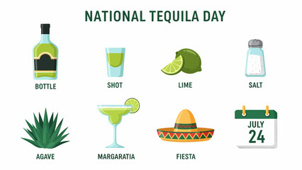 Illustration for National Tequila Day showing tequila bottle shot lime salt agave margarita sombrero and calendar © Agung
