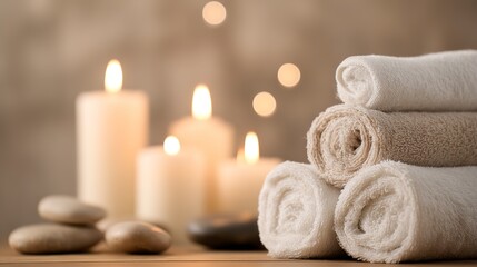Rolled spa towels and lit candles create a serene and relaxing atmosphere