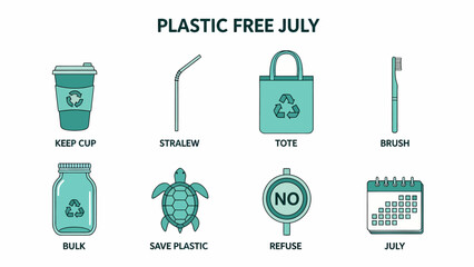 Plastic Free July graphic illustrating eight icons related to reducing plastic use