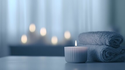 A lit candle and soft towels create a serene spa atmosphere
