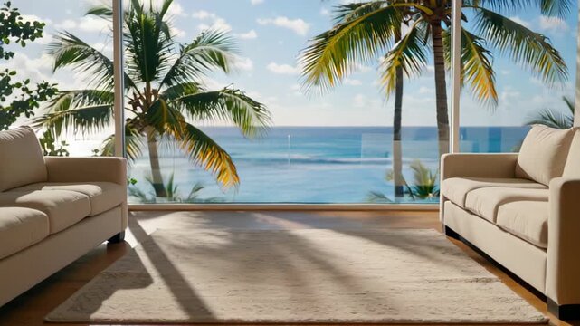 Bright, airy living room with large windows showcasing a stunning ocean view and palm trees