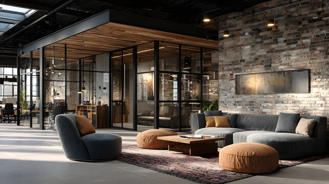 3D Modern industrial office interior with brick walls, glass meeting room, and a cozy seating corner in a contemporary workspace